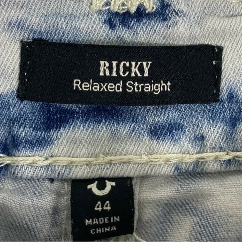 NWOT TRUE RELIGION Jean 44 Ricky Relaxed Hydro Blue Tie Dye Zip Denim
